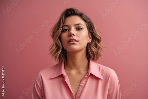 Portrait of a young woman in pink shirt thinking pink background