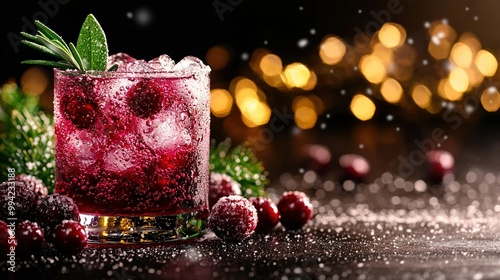  Close-up of drink in glass with ice and cranberries on table with background lights