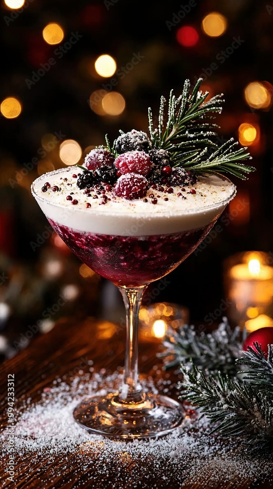 A wine glass holds a close-up of a drink, surrounded by a Christmas tree and twinkling lights A wine glass holds a close-up of a drink, surrounded by a Christmas tree and twinkling lights