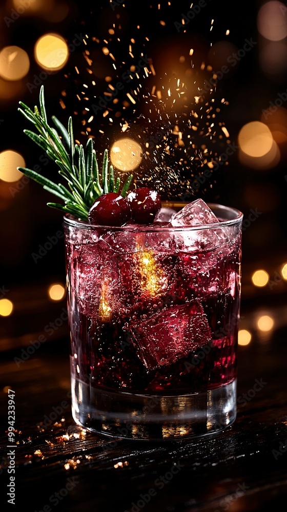 Close-up image of a drink in a glass with a sprig of rosemary on top Close-up image of a drink in a glass with a sprig of rosemary on top