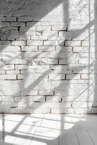 Minimalistic white brick wall with shadows from natural light, background, sleek and contemporary design.