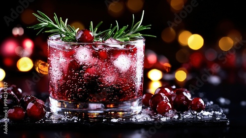  A glass full of drink with ice and cranberries on a lit table