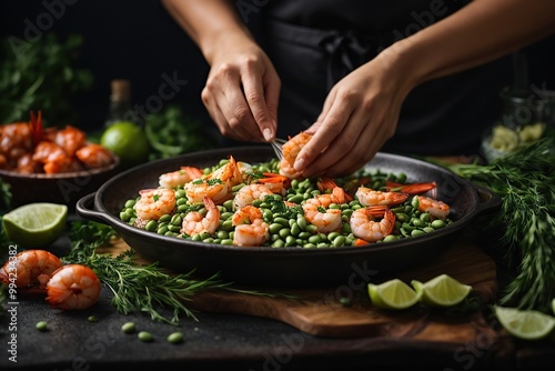 seafood cook prepares shrimps with peas