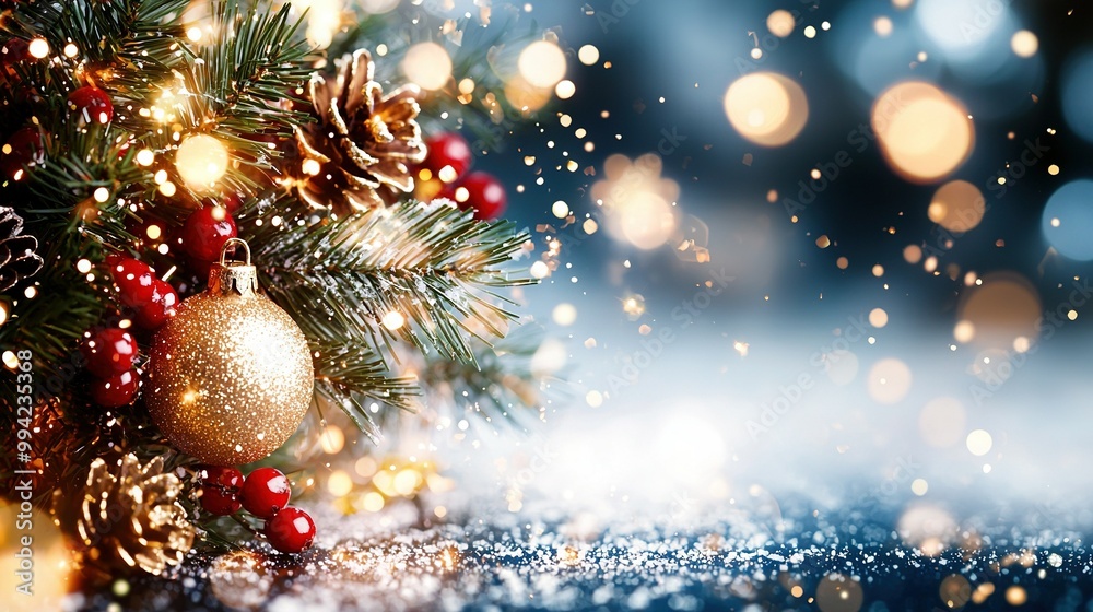   Christmas ornament with snowflakes and lights in the background..A close-up photo of a Christmas ornament hanging on a tree against a backdrop of falling snowflakes and gl