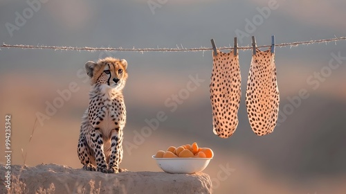 Cheetah stares intently at its own spotted fur skin hanging on a clothesline in a serene monochrome minimalist nature scene  The powerful feline s gaze commands attention photo