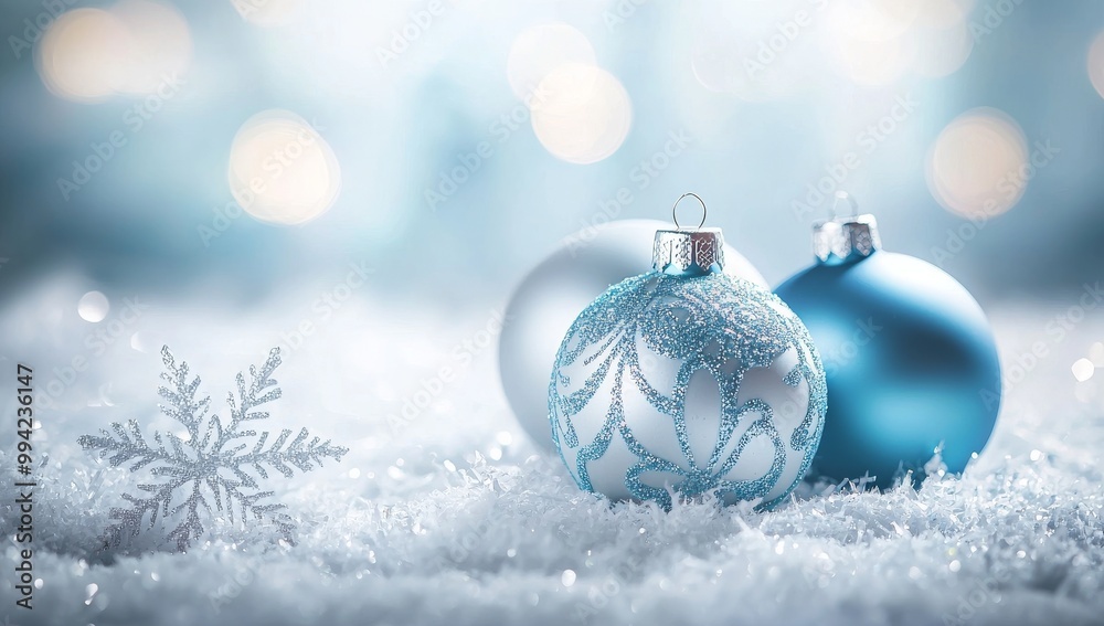 Snowflakes and Christmas balls on a blue christmas background