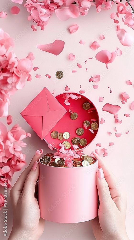 A box brimming with pink confetti sits beside an envelope and a mound of coins, all in shades of pink A box brimming with pink confetti sits beside an envelope and a mound of coins, all in shades of pink