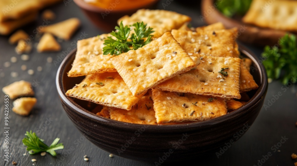 A bowl of square-shaped, golden brown crackers with sesame seeds, herbs, and parsley, on a dark wooden table. A bowl of square-shaped, golden brown crackers with sesame seeds, herbs, and parsley, on a dark wooden table.
