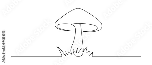 Mushroom in one continuous line drawing. Nature food in simple linear style. Edible autumn harvest in editable stroke. Doodle outline vector illustration