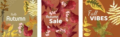 Collection modèles de posts automne avec feuilles et plantes rouge bordeaux vert orange jaune vecteur texte modifiable