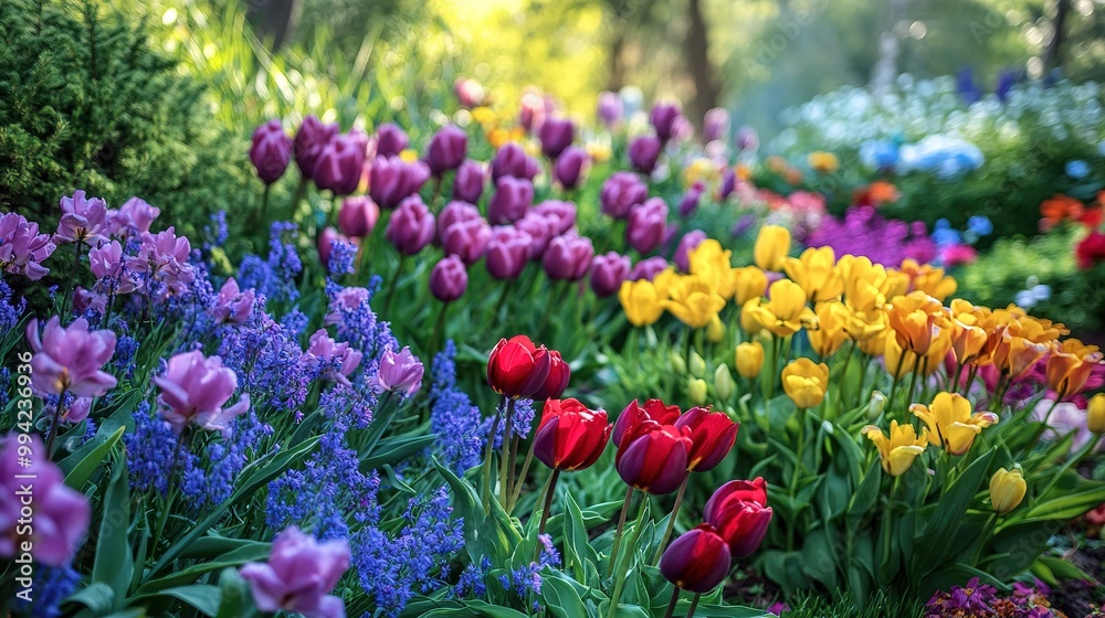 A picturesque garden filled with a variety of spring flowers in full bloom, showcasing vibrant colors and lush greenery A picturesque garden filled with a variety of spring flowers in full bloom, showcasing vibrant colors and lush greenery