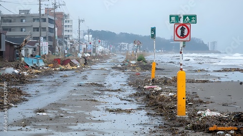 Evacuation route signs posted along a coastal town providing clear direction for residents to follow in the event of a tsunami or other natural disaster