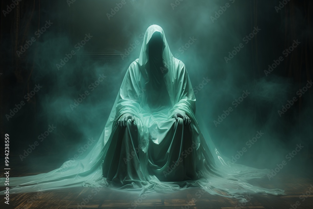 Mysterious figure cloaked in ethereal fog sits in silence, creating a haunting atmosphere Mysterious figure cloaked in ethereal fog sits in silence, creating a haunting atmosphere