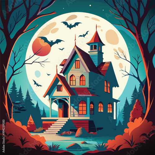 A halloween house and bat flying around the house

