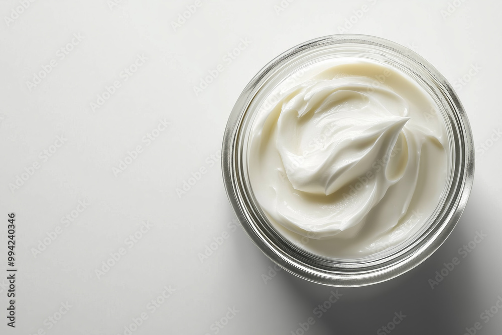 Open glass jar of white skincare cream product against white background. Open glass jar of white skincare cream product against white background.