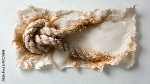   A rope tied to a sheet of paper with a knot on top