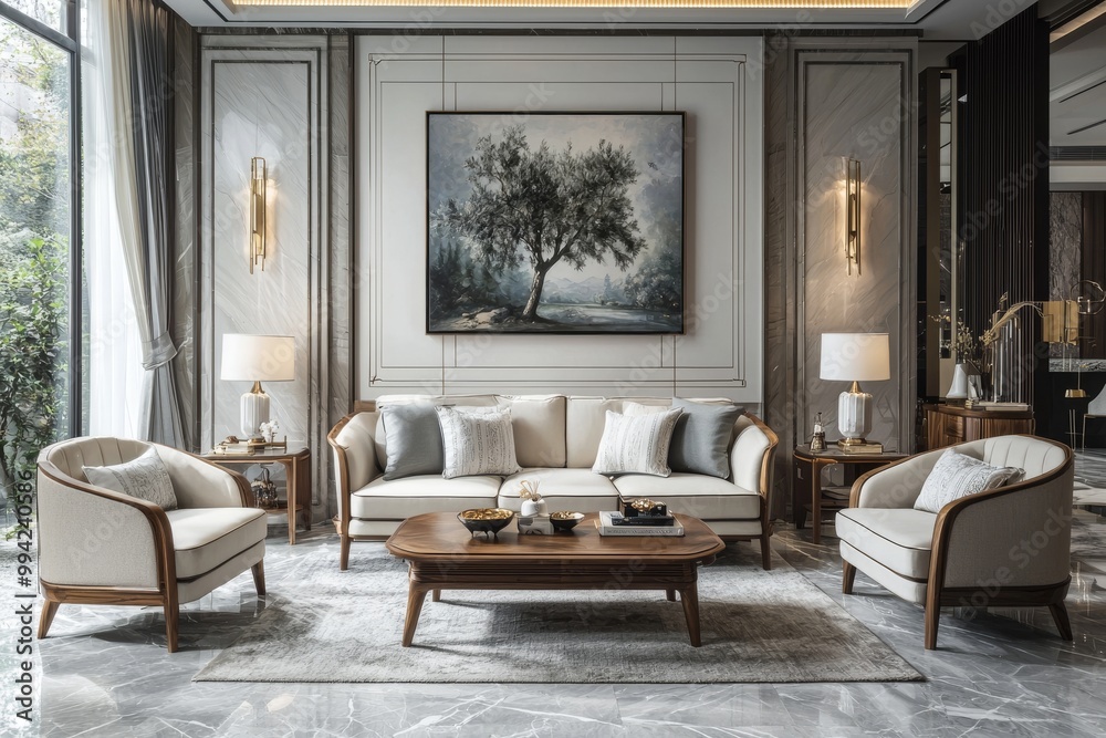 Fototapeta premium The living room features Mediterranean interior design with a stylish sofa, wall, table, and art