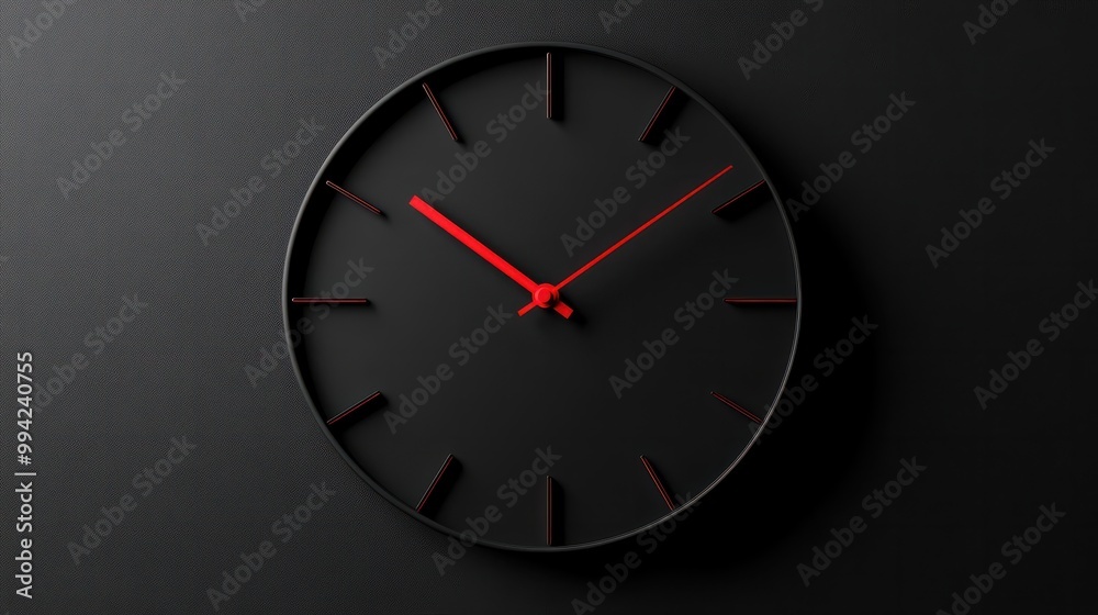 A black clock with red hands showing the time of 11:30 A black clock with red hands showing the time of 11:30