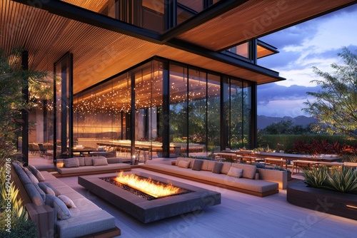 An outdoor patio with a built-in concrete bench and colorful cushions  a low-profile fire pit  and globe string lights