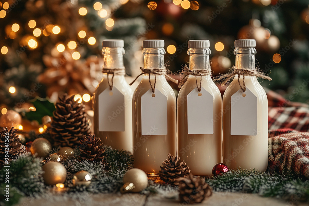 Mockup, a row of 5 glass bottles of egg nog with blank white tags around the bottle neck, lined up on a christmas themed table,
Mockup, a row of 5 glass bottles of egg nog with blank white tags around the bottle neck, lined up on a christmas themed table,