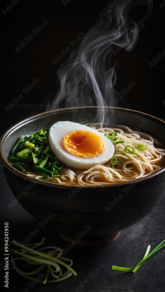 Steaming Japanese Ramen with Egg Yolk and Greens on Dark Surface Steaming Japanese Ramen with Egg Yolk and Greens on Dark Surface