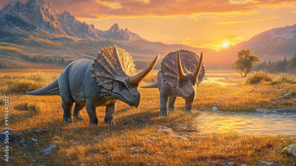 Fototapeta premium A pair of triceratops grazing in a vast, golden grassland during sunset, their horns and scales reflecting the warm hues of the sun.