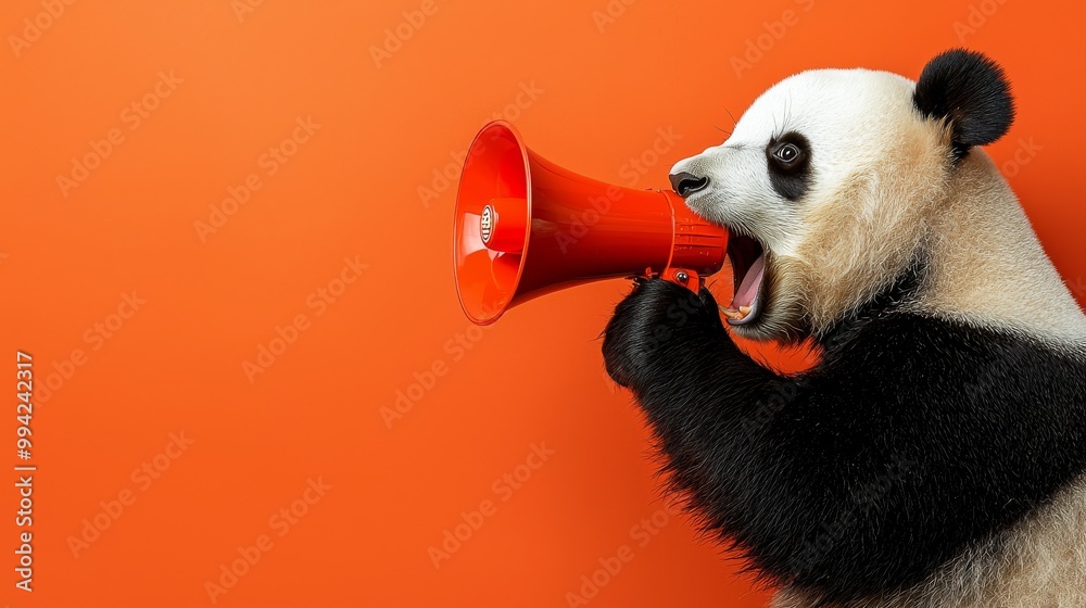 Fototapeta premium Giant Panda holds white loudspeaker, screaming. Advertizing concept.