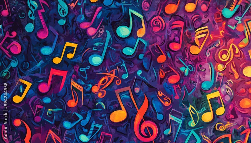 Naklejka premium An abstract and vibrant background of colorful musical notes scattered around