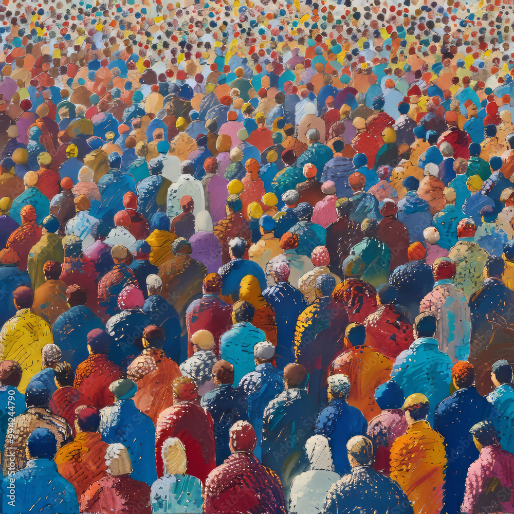 Fototapeta premium A large, faceless crowd depicted in an abstract illustration, with indistinguishable individuals blending together into a collective, anonymous mass.