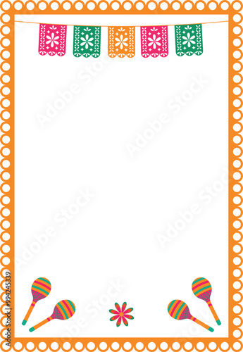 Vector frame with holiday flags, maracas and flower. Mexican fiesta - holiday frame, social media story. Design element for banner, poster.