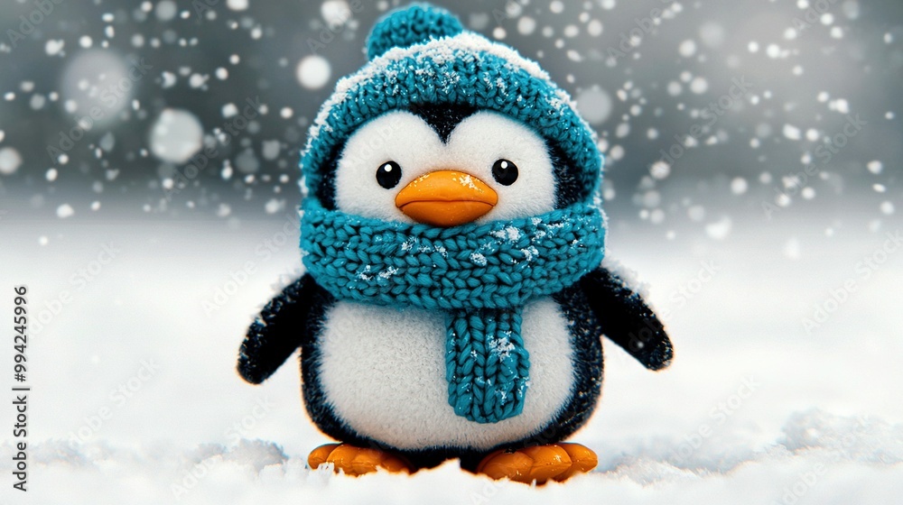 A penguin adorned in a blue knitted scarf and hat, with another scarf tied around its neck A penguin adorned in a blue knitted scarf and hat, with another scarf tied around its neck
