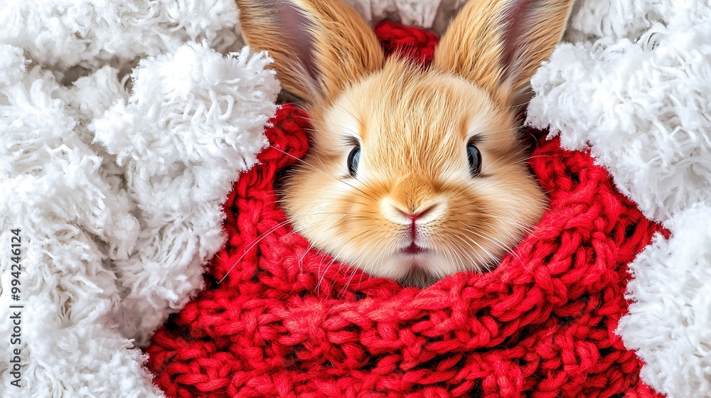 Close-up of small rabbit in red scarf on white knitted blanket with surprise expression Close-up of small rabbit in red scarf on white knitted blanket with surprise expression