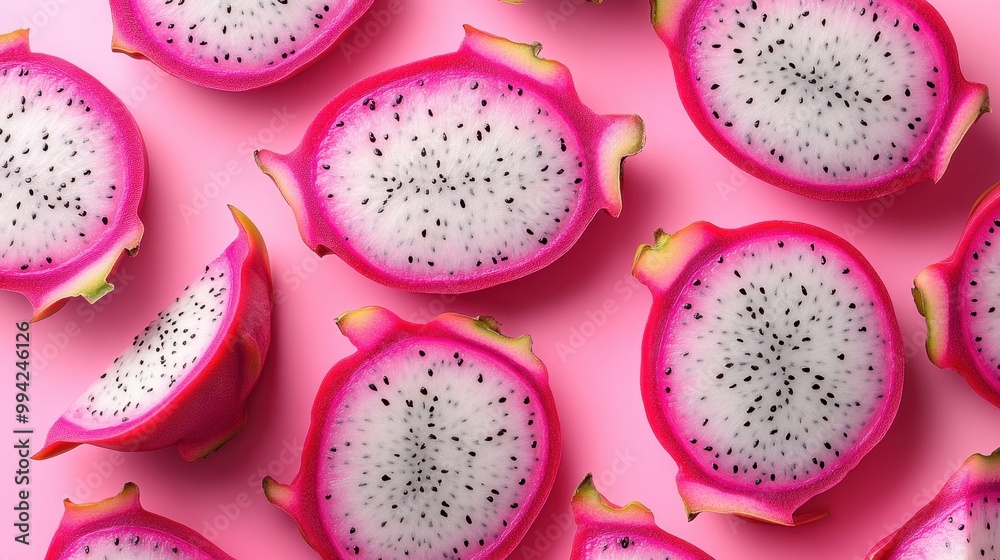 Vibrant dragon fruit slices arranged on a pink background, showcasing unique texture and color for culinary and wellness themes Vibrant dragon fruit slices arranged on a pink background, showcasing unique texture and color for culinary and wellness themes