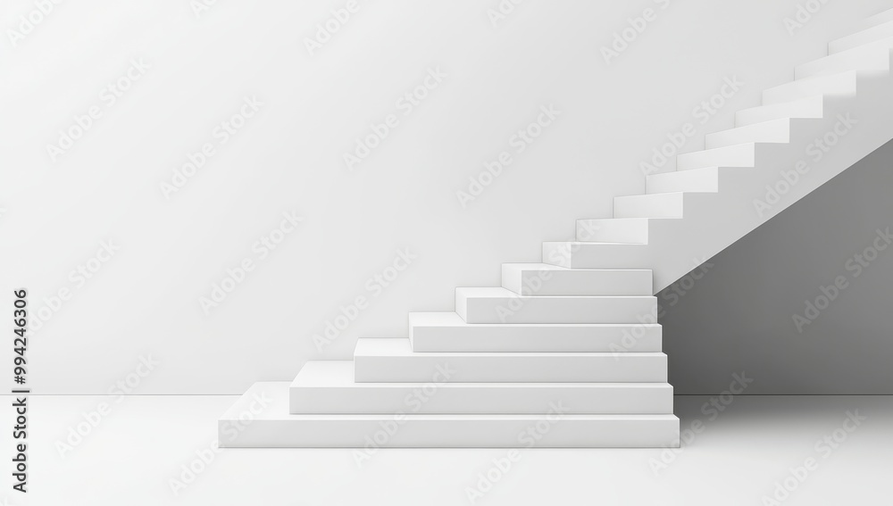 On a white wall, white stairs or steps are going up to represent business accomplishment or career goal On a white wall, white stairs or steps are going up to represent business accomplishment or career goal