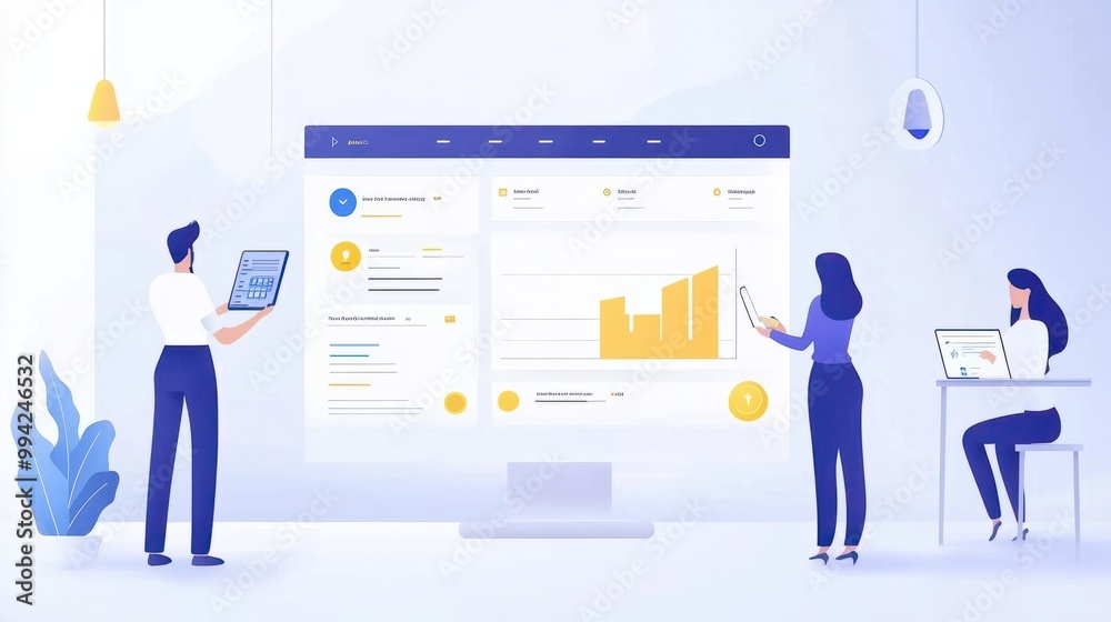 Analytics concept in flat design with people. Men and woman analyzing and researching business data, work with financial graph at dashboard. Illustration with character scene for web banner Analytics concept in flat design with people. Men and woman analyzing and researching business data, work with financial graph at dashboard. Illustration with character scene for web banner