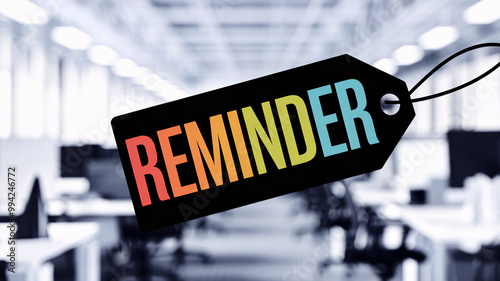Colorful Reminder Tag with Rainbow Letters in a Blurred Office Setting

