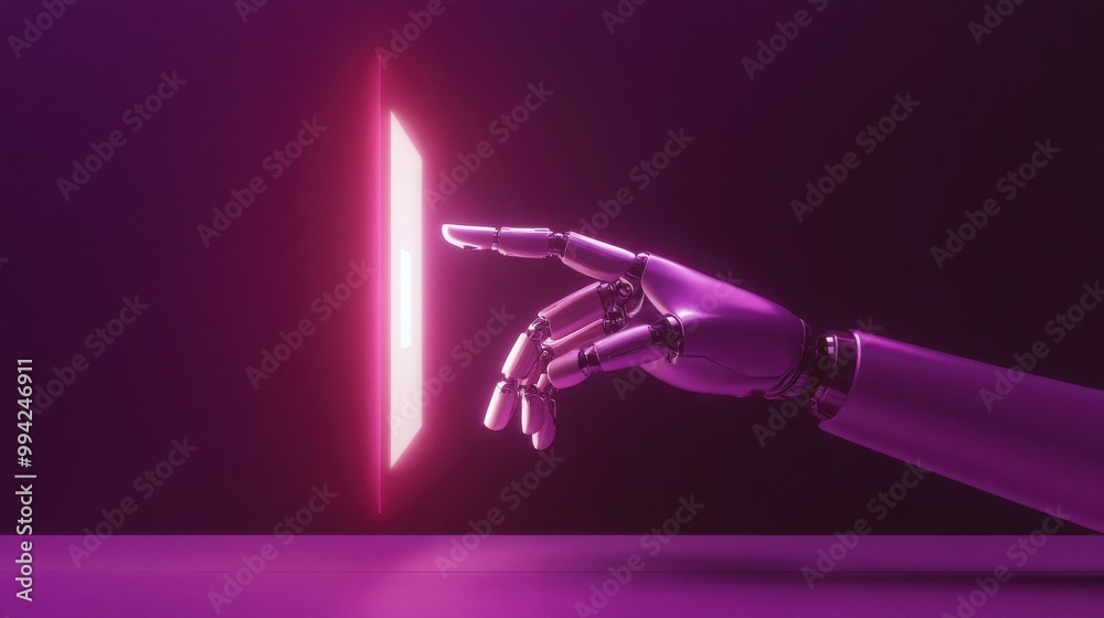 Fototapeta premium A robotic hand reaches out to touch a glowing pink rectangle in a dark setting.
