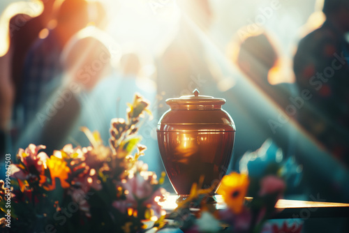 Metal Urn on Funeral, Blurred People Mouring in the Background photo