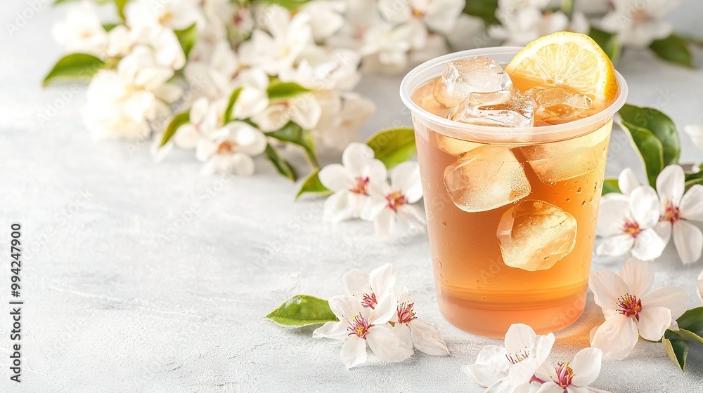A glass of iced tea with a slice of lemon and ice cubes on a white surface, surrounded by vibrant blooms A glass of iced tea with a slice of lemon and ice cubes on a white surface, surrounded by vibrant blooms