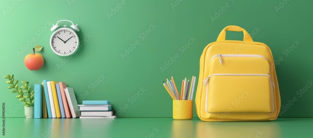 This 3D rendering shows a yellow backpack with an alarm clock and school supplies on a green background. This is a 3D rendering, illustrating a back to school concept. This 3D rendering shows a yellow backpack with an alarm clock and school supplies on a green background. This is a 3D rendering, illustrating a back to school concept.