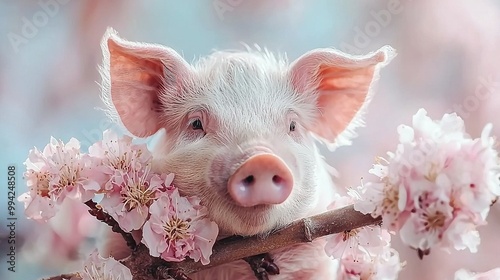   A pig sticking its head out of a pink flower-filled tree branch photo