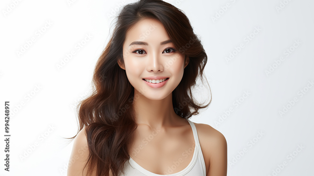 generated illustration of Asian woman in white top camisole poses against clean white wall. generated illustration of Asian woman in white top camisole poses against clean white wall.