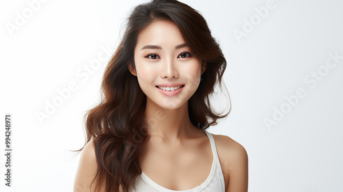 generated illustration of Asian woman in white top camisole poses against clean white wall. photo