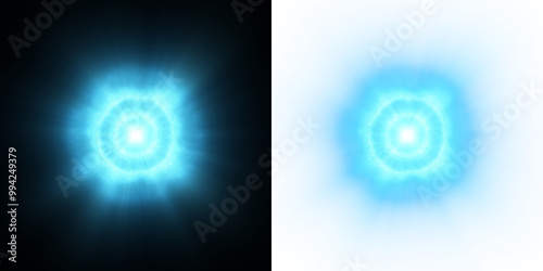 A glowing blue energy pulse with radiating light beams, set against a dark background, paired with a transparent alpha version. Ideal for sci-fi interfaces, digital design, visual effects.