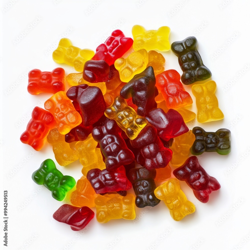 A close-up view of a pile of colorful gummy bears on a white background. A close-up view of a pile of colorful gummy bears on a white background.