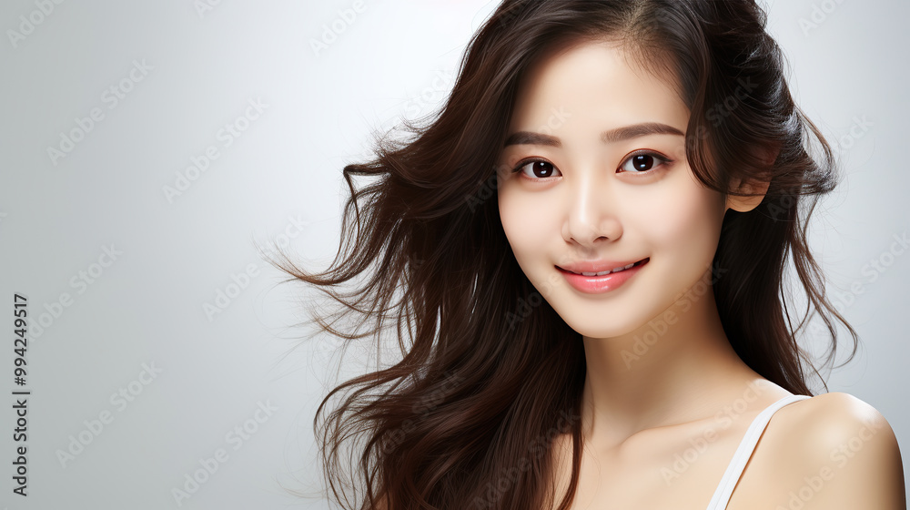 generated illustration of Asian woman in white top camisole poses against clean white wall. generated illustration of Asian woman in white top camisole poses against clean white wall.