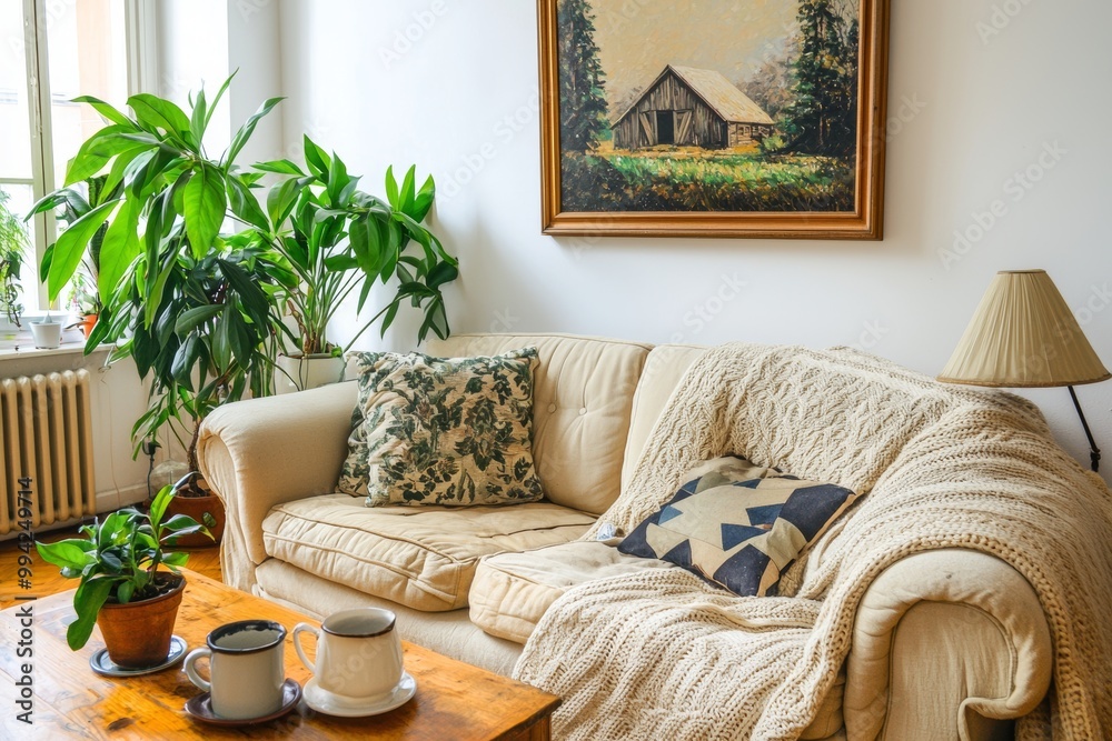 Naklejka premium The interior of a modern Scandinavian apartment, featuring a living room with a beige sofa and a dining room, in 3D.