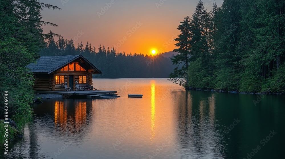 peaceful cabin by the lake at sunset with golden sky and water reflection , perfect for a nature getaway , offering calm and serene outdoor scenery in a wilderness and forest environment peaceful cabin by the lake at sunset with golden sky and water reflection , perfect for a nature getaway , offering calm and serene outdoor scenery in a wilderness and forest environment