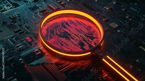 Wallpaper Mural An orange and yellow neon light magnifier icon. A vibrant colored Search technology symbol, on a black background with a high tech floor. Three-dimensional rendering. Torontodigital.ca
