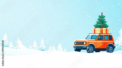 Red car carrying christmas tree and presents on snowy day